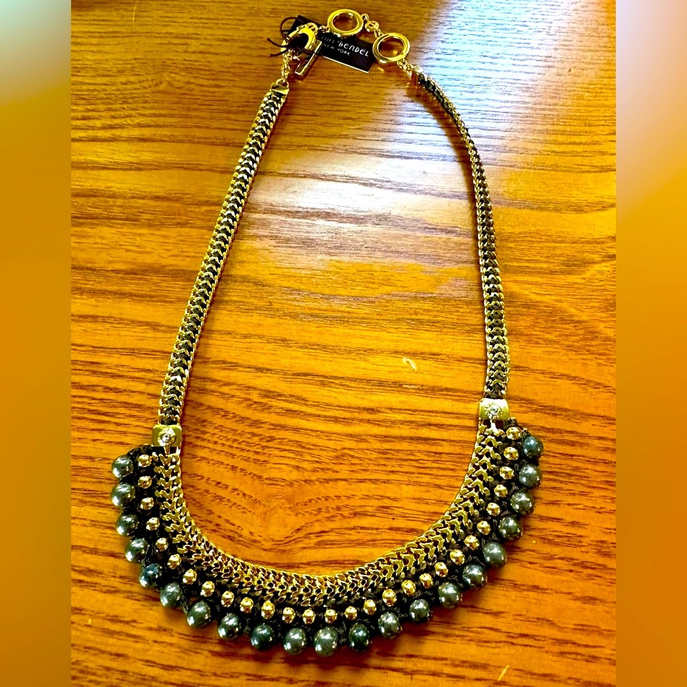 HENRI BENDEL TRIBAL BEADED COLLAR NECKLACE IN YELLOW GOLD & DARK GREY BEADS NWT